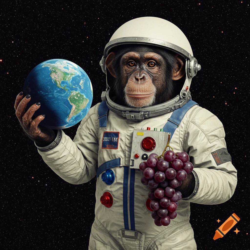 A photorealistic image of a chimpanzee in a spacesuit holding the Earth and a bunch of grapes in space.
