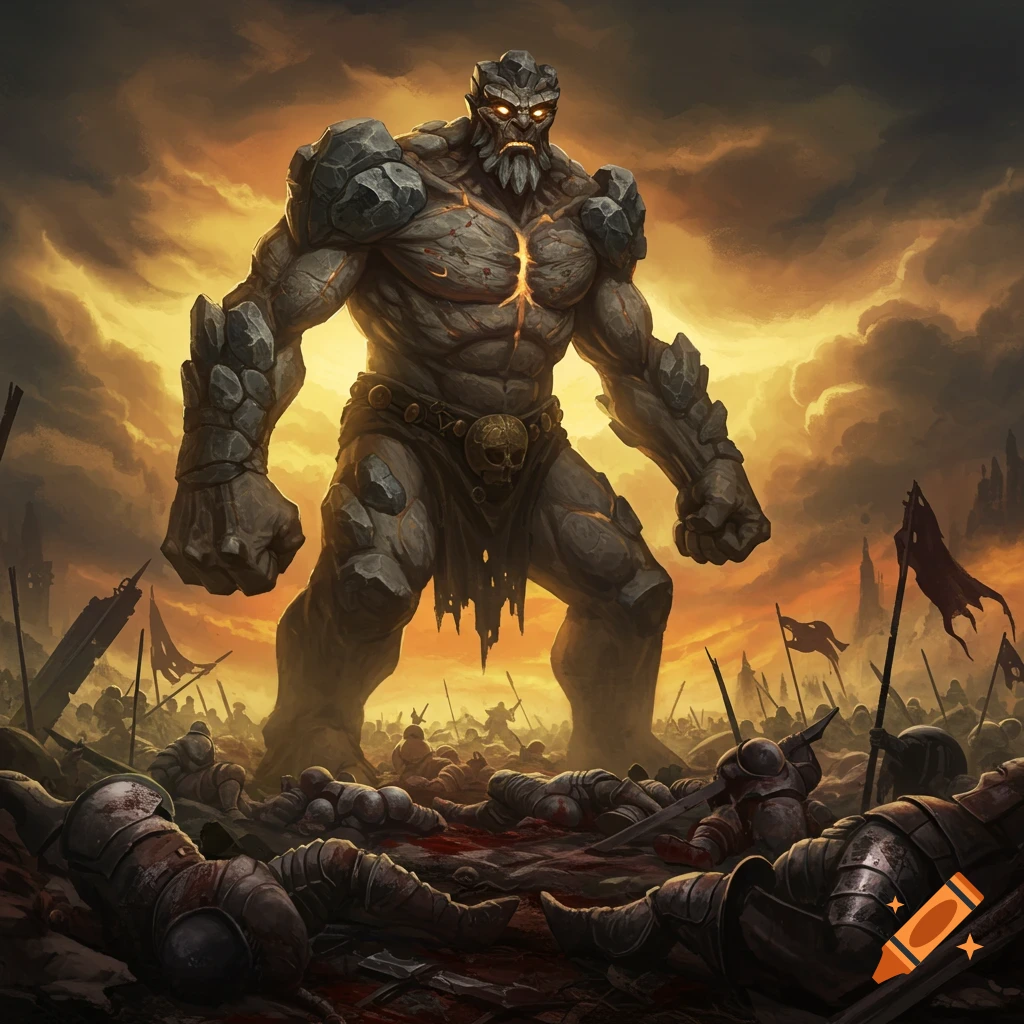 Massive rock giant stands over a battlefield of fallen soldiers under a dramatic sky.