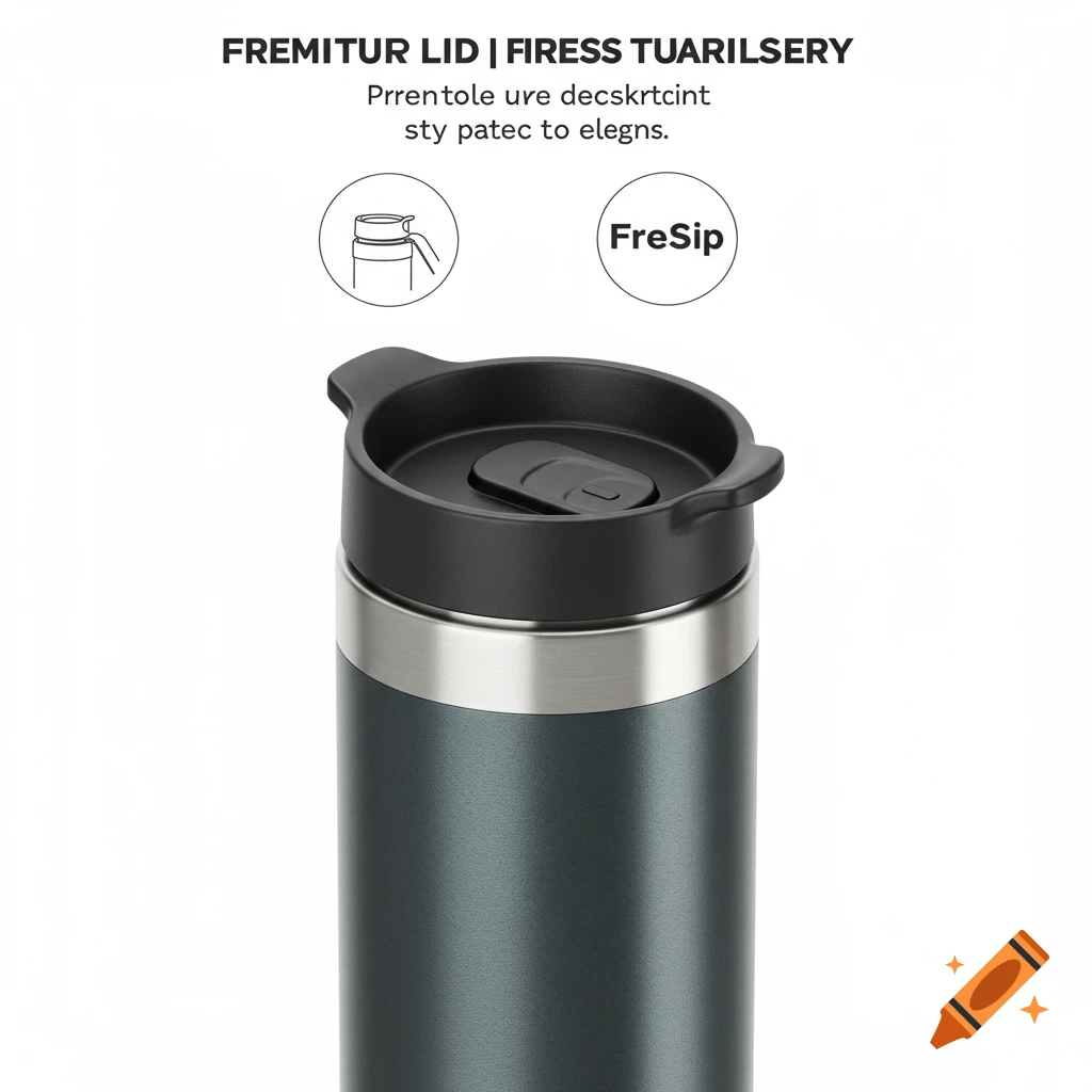 Close-up of a green and silver tumbler water bottle with a black lid, against a white background. Text is visible above.