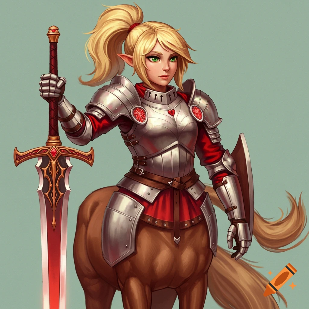 A centaur knight in silver and red armor holds a large red sword. Digital art.