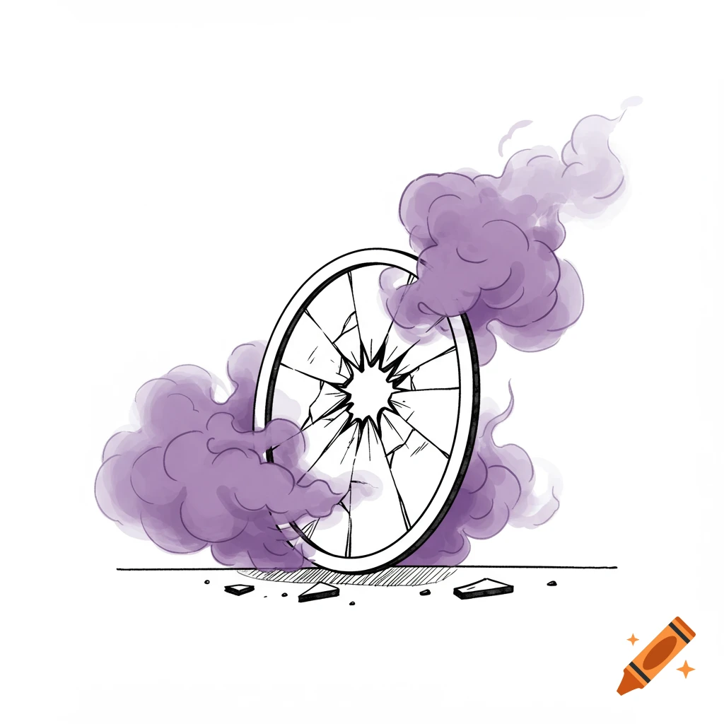 Black and white line drawing of a broken wheel or mirror with purple smoke.