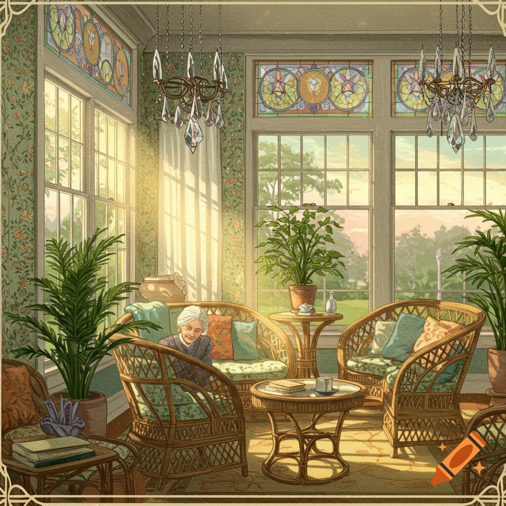 An older person sits in a sunny vintage sunroom with plants and wicker furniture.