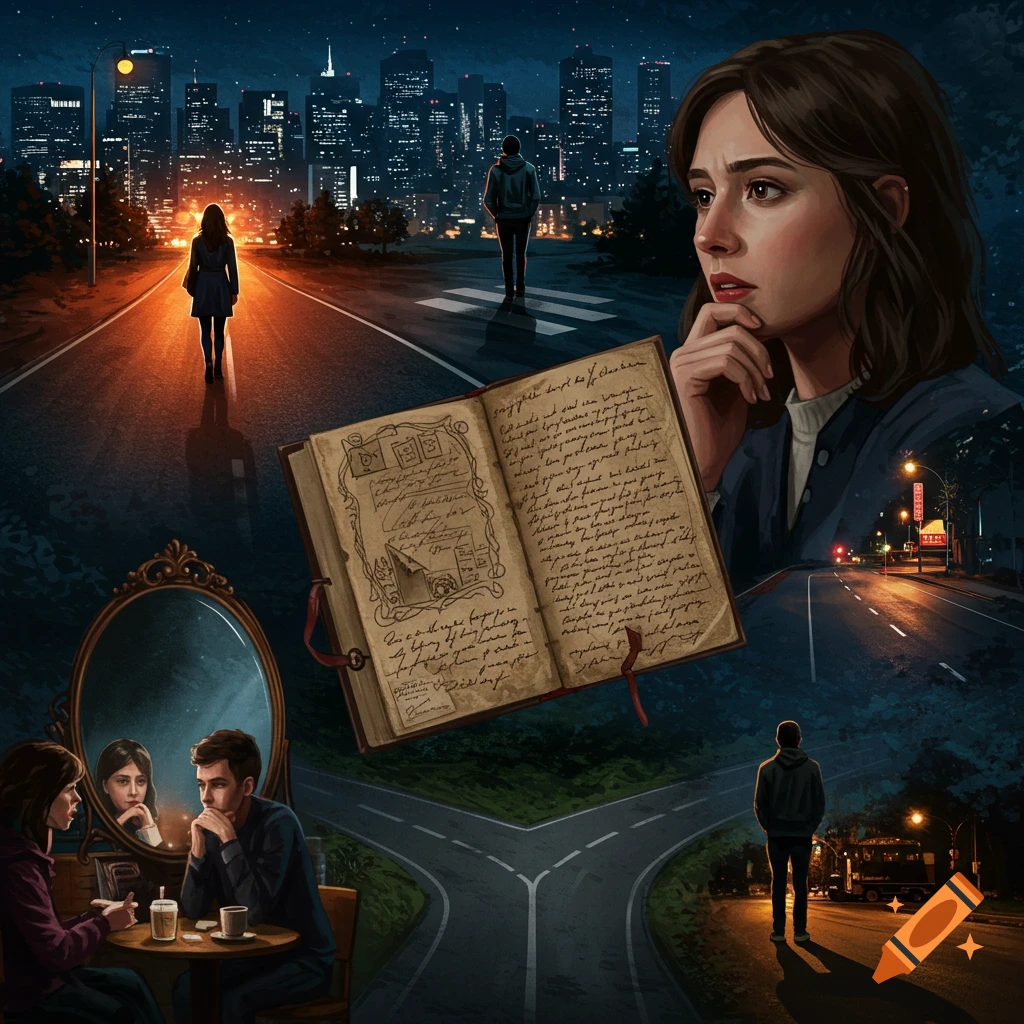 Conceptual illustration of people at crossroads, a diary, coffee shop reflection, and city scenes.