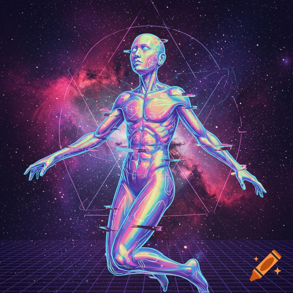 Stylized iridescent humanoid figure floating in space above a grid, synthwave style