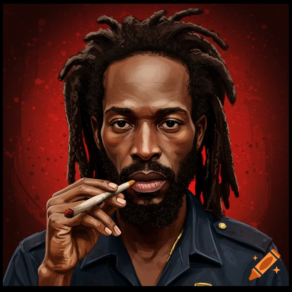 Stylized portrait of a Black man with dreadlocks holding a cigarette against a red background.