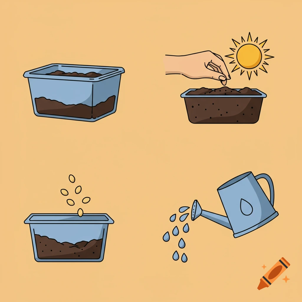 Four clip art panels illustrating planting: soil in a container, planting seeds, seeds falling, and watering.