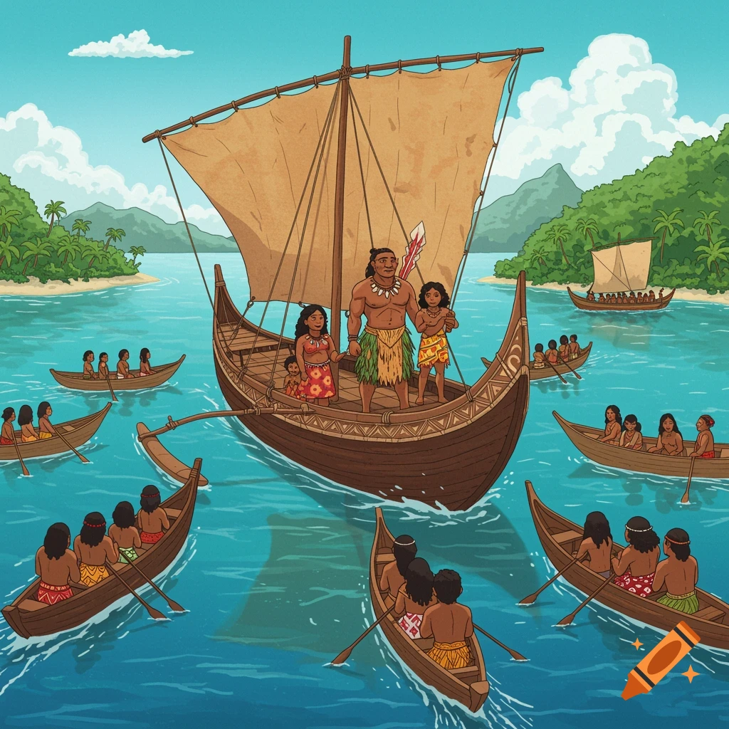 Illustration of a chief and his family on a large Polynesian sailing canoe, surrounded by smaller canoes with people, in a tropical bay.