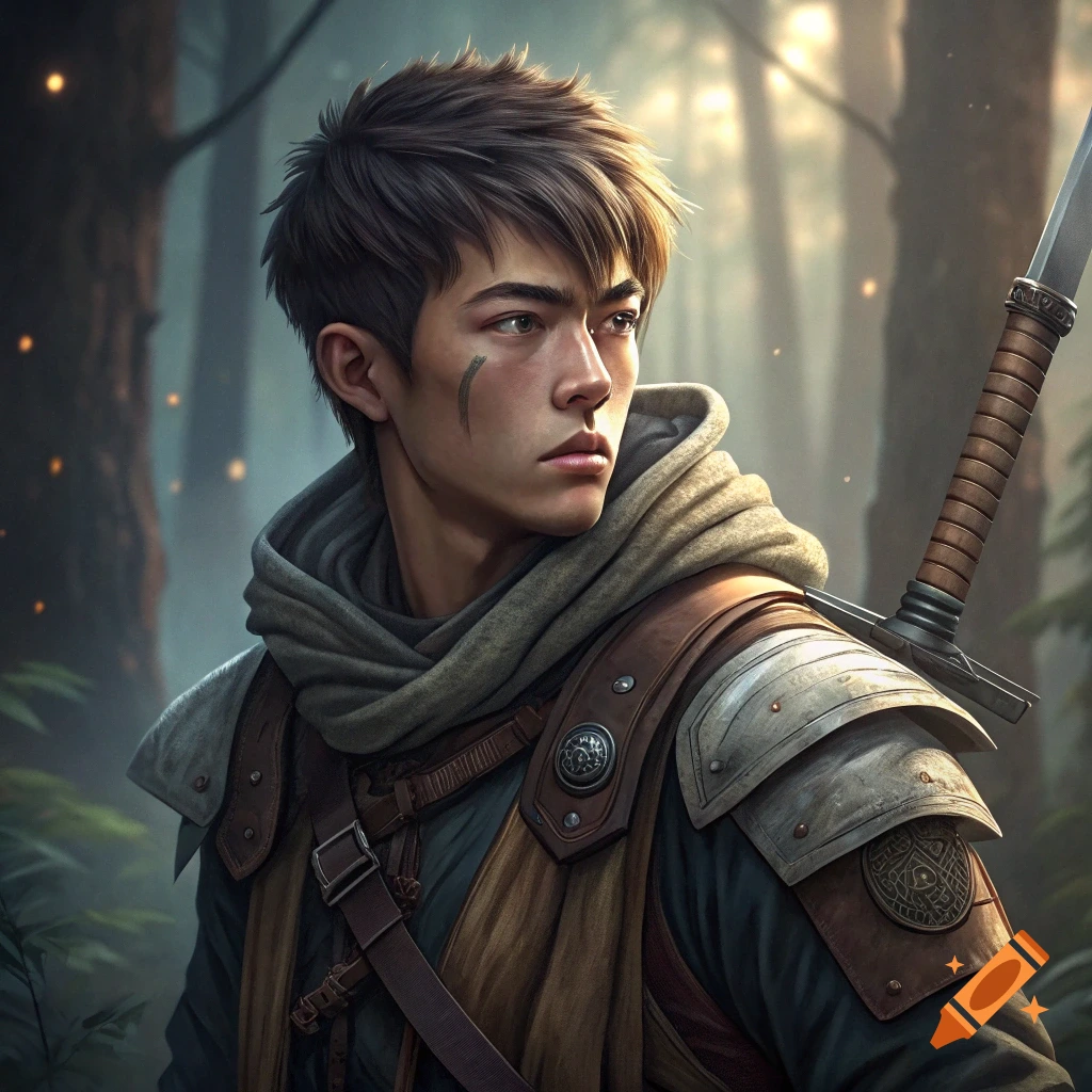 A young man in fantasy armor with a sword over his shoulder stands in a forest, looking right.