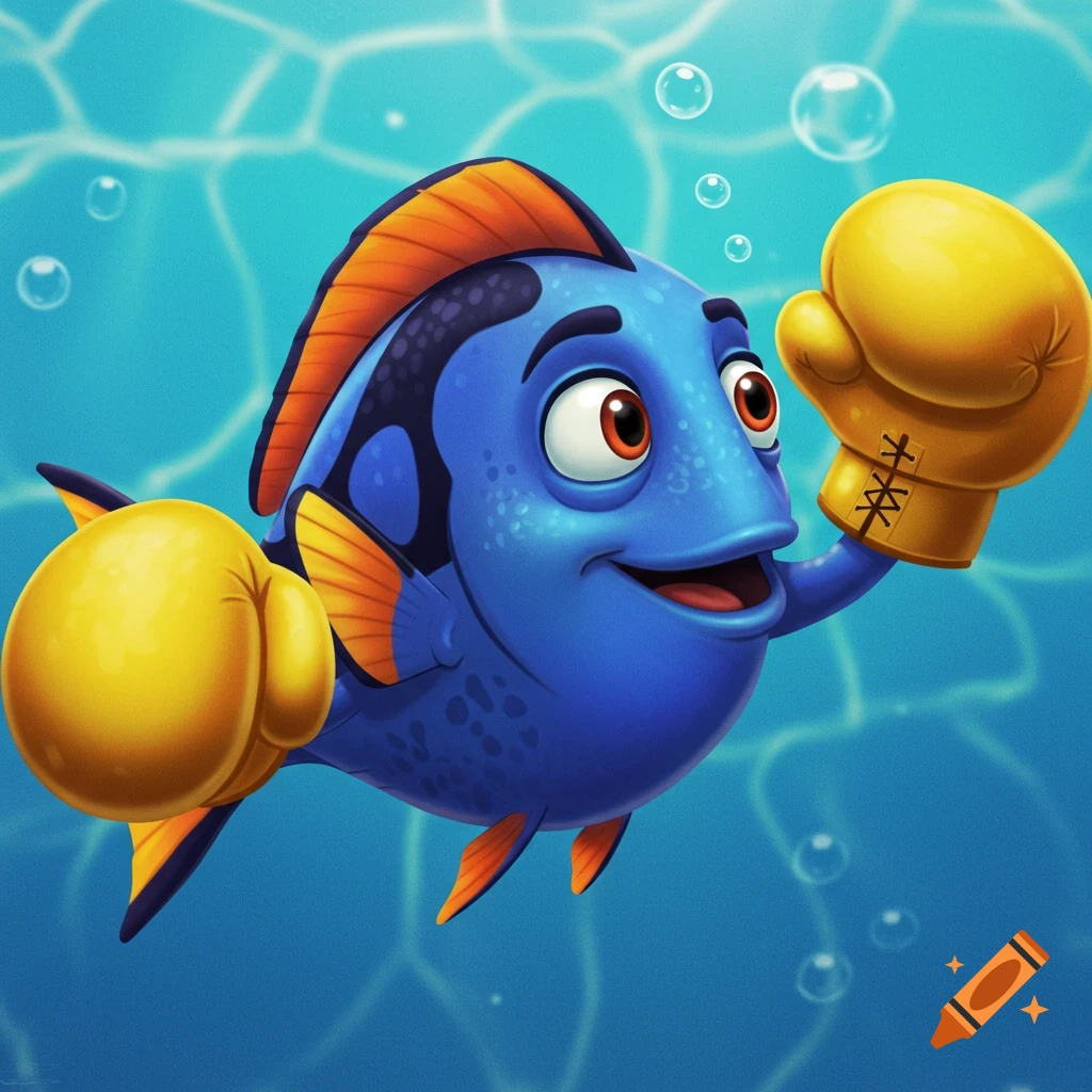 Cartoon blue fish wearing yellow boxing gloves underwater