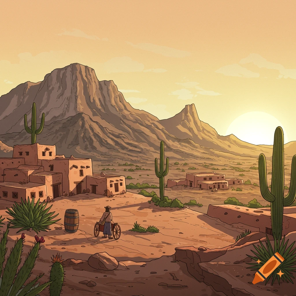 Illustration of a person with a cart in a desert town at sunset