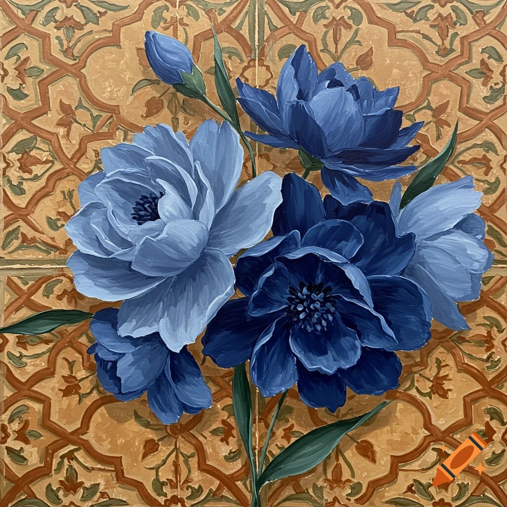 Oil painting of blue flowers on Moroccan tiles.