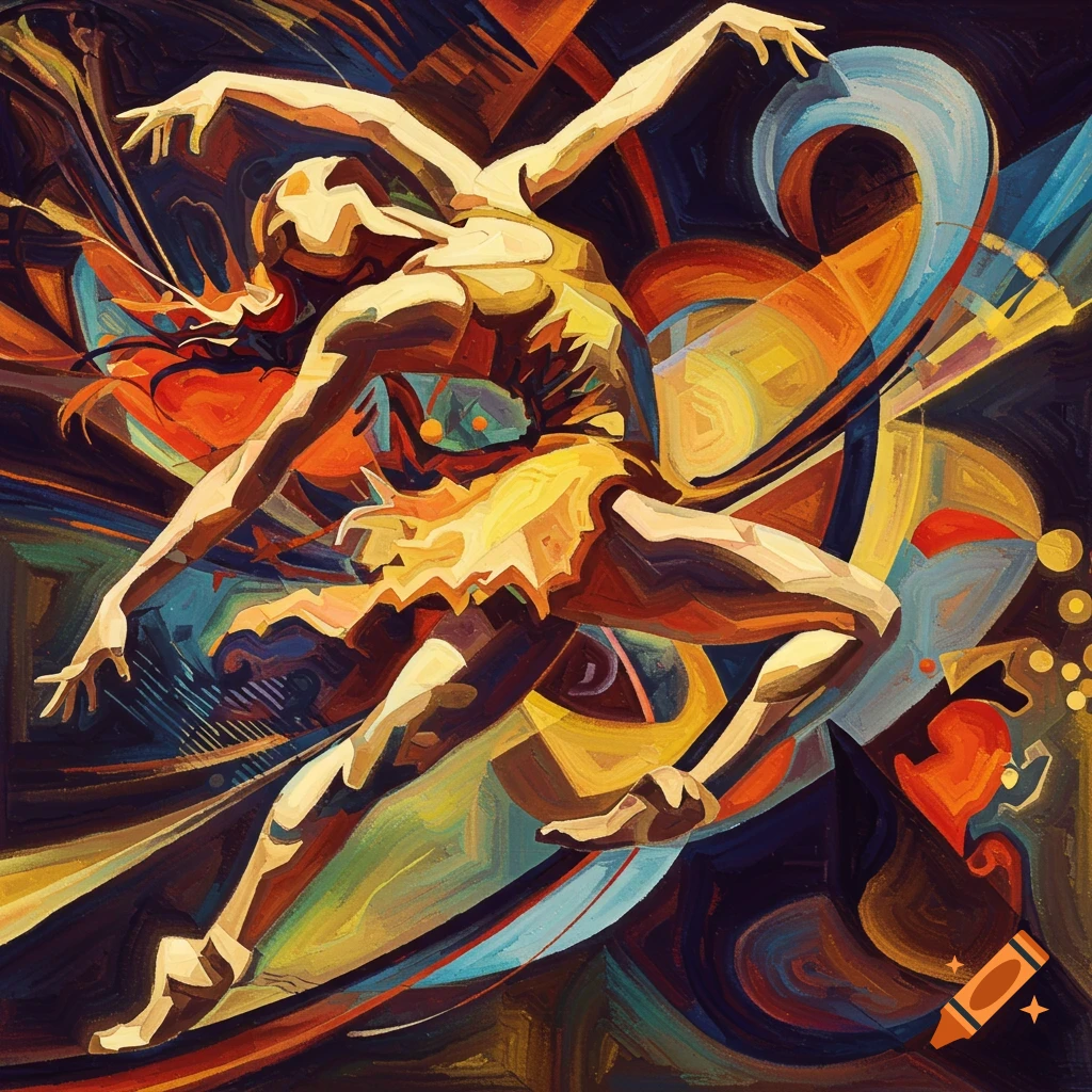 Abstract painting of a dancer in motion, using geometric shapes and vibrant colors.