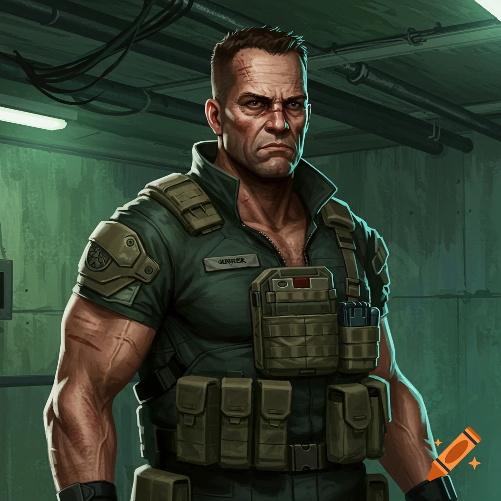 Muscular man in tactical gear with scars in a bunker.