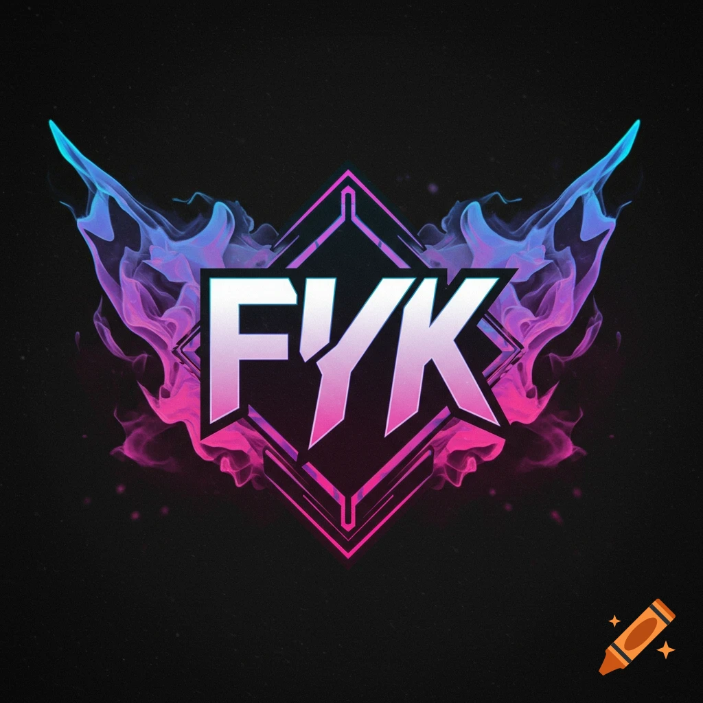 A neon logo with the letters FYK in white and pink, framed by glowing pink and blue smoke or flame effects on a black background.