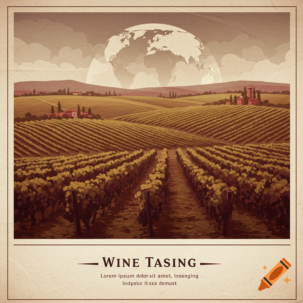 Vintage illustration of a vineyard landscape with hills, buildings, and a large stylized globe or moon in the sky.