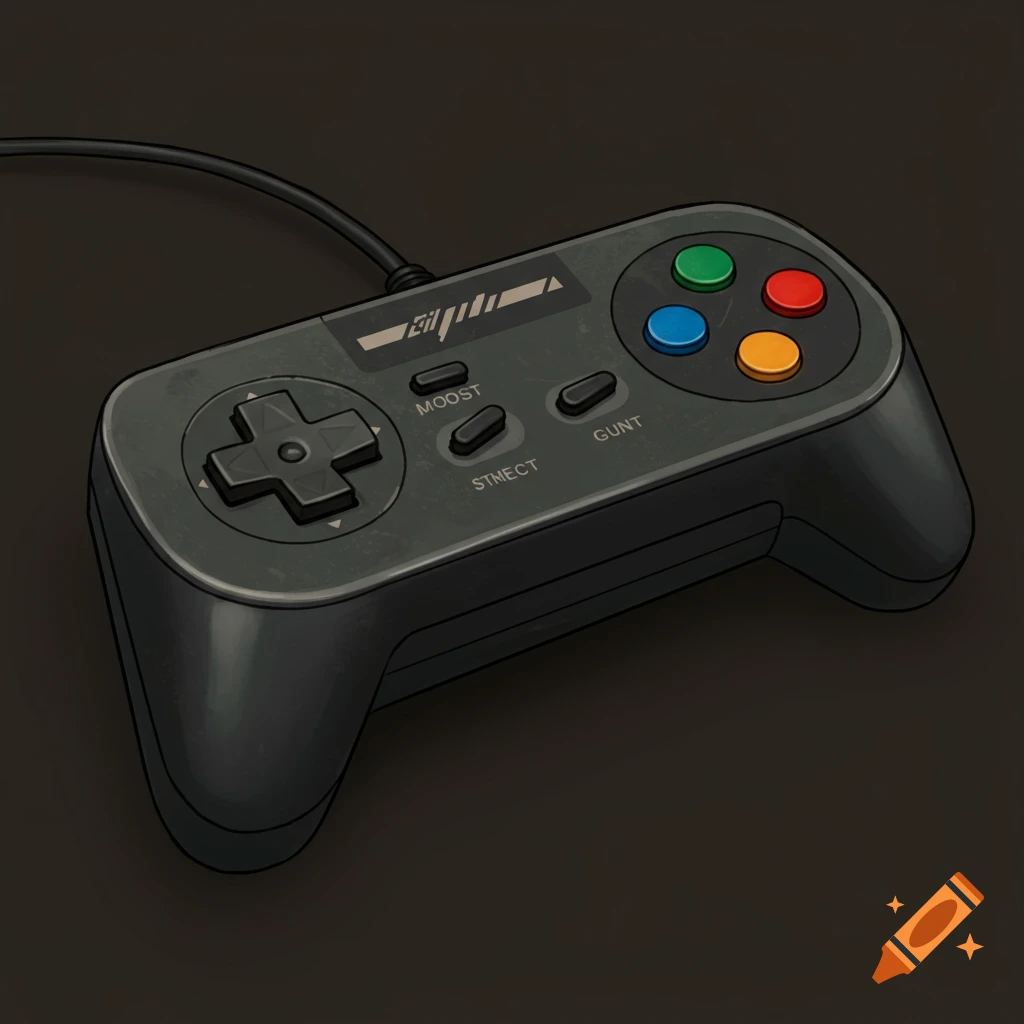 Illustration of a retro video game controller with a cable on a dark background.