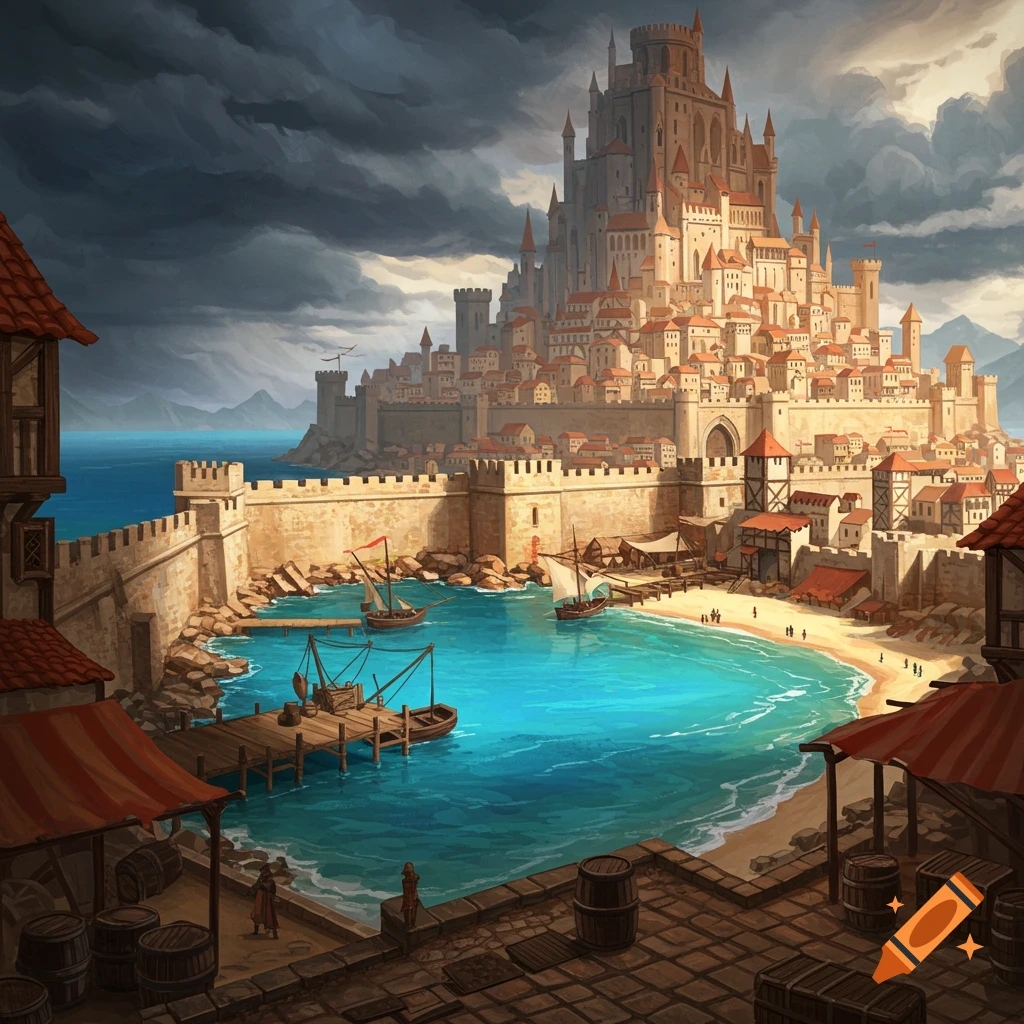 Painterly fantasy scene of a walled city with a castle on a hill overlooking a harbor with ships under dark clouds.