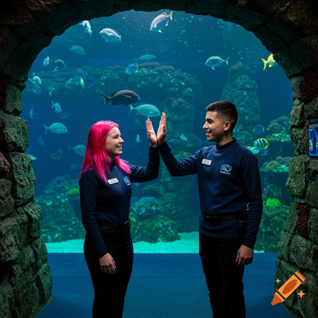 Two aquarium workers high-fiving in front of a large fish tank. Photorealistic.