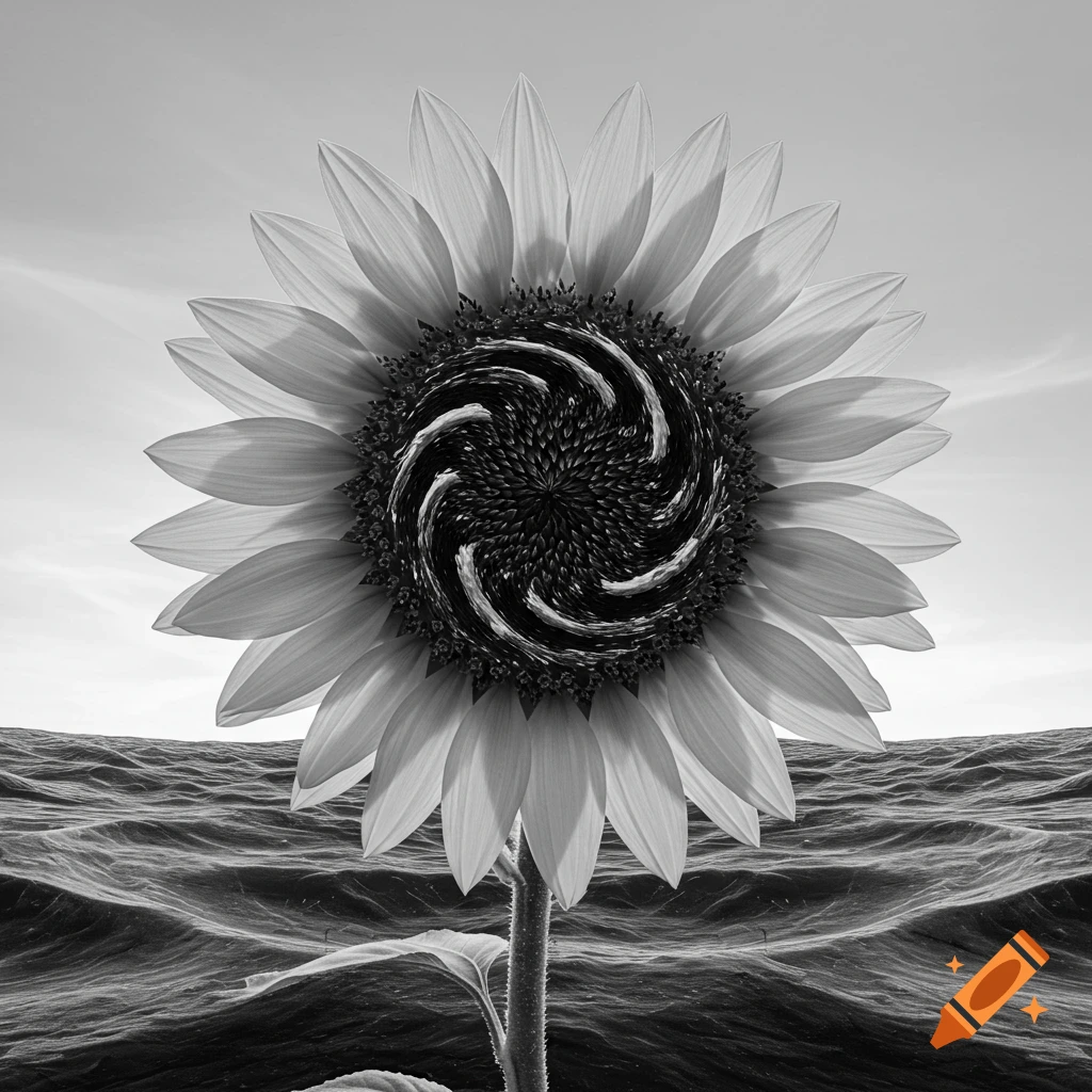 A black and white surreal image of a sunflower with a swirling center growing from the ocean.