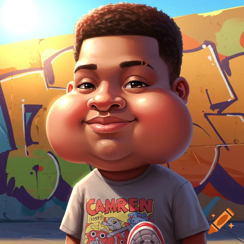 Caricature portrait of a boy with chubby cheeks and massive nostrils wearing a shirt with text, standing in front of a graffiti wall.