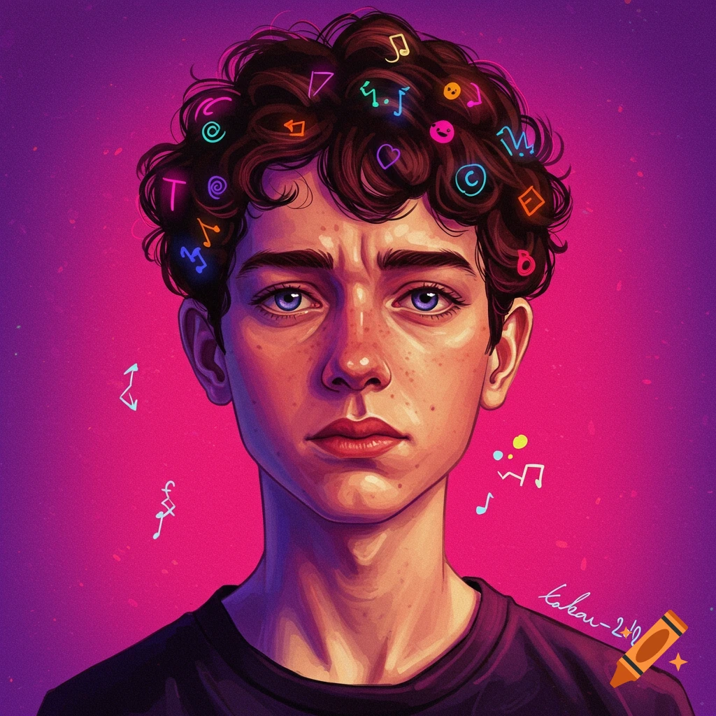 A stylized portrait of a young person with bright, colorful abstract symbols and musical notes floating around their head, against a purple background.