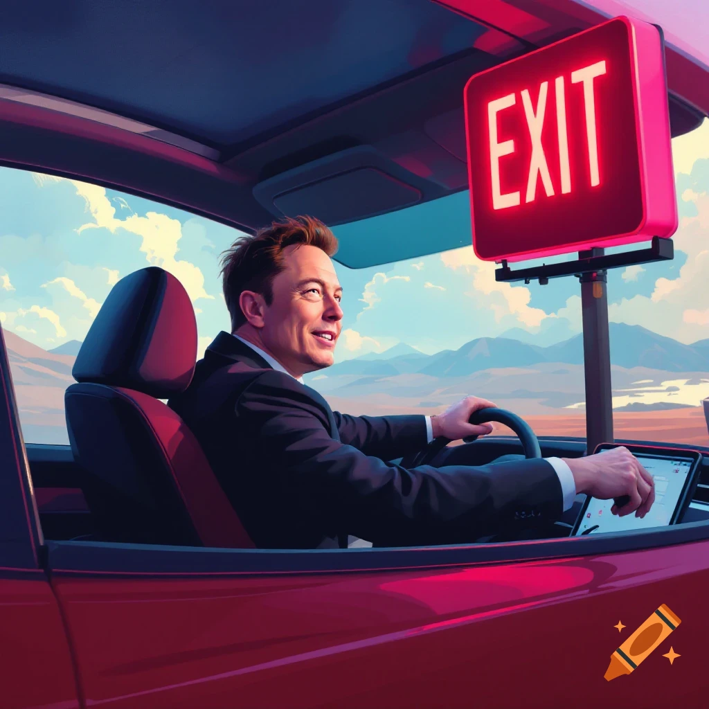 Stylized image of Elon Musk driving a red car past an exit sign.