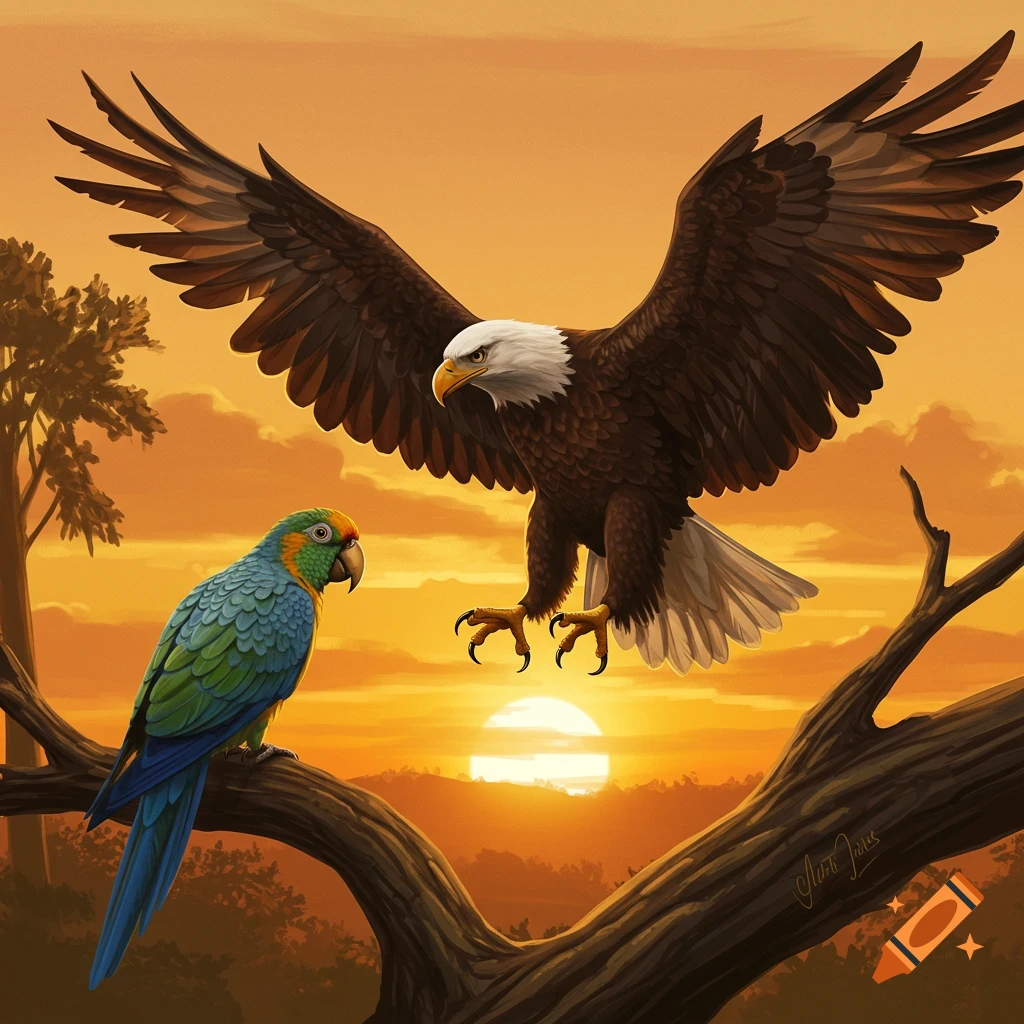 Illustration of an eagle flying towards a parrot perched on a branch at sunset.