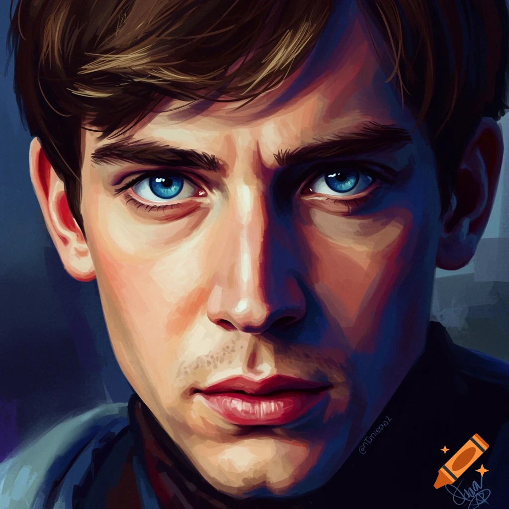 Close-up portrait of a young man with intense blue eyes.