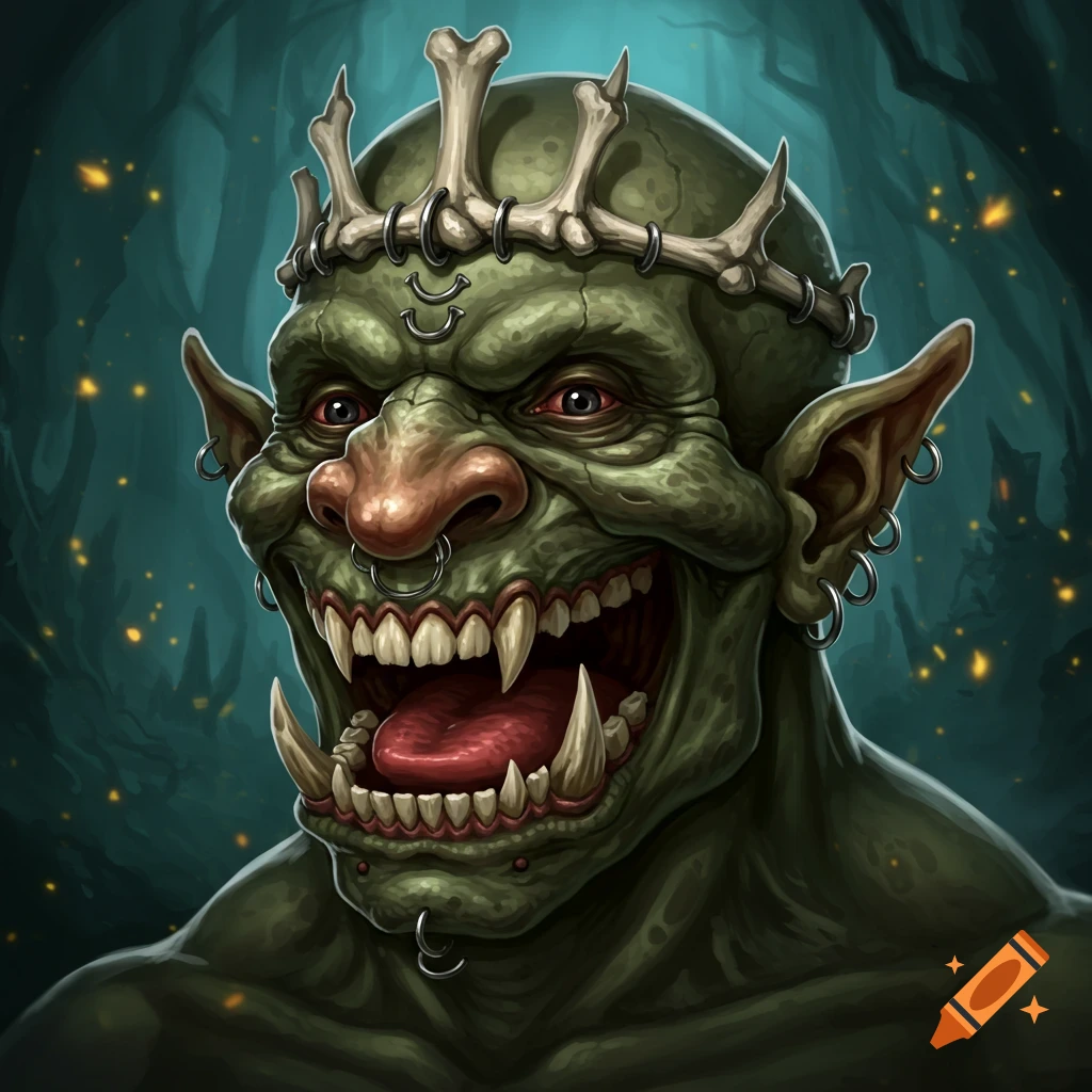 Close-up portrait of a fearsome green orc wearing a crown of bones, snarling with sharp teeth.