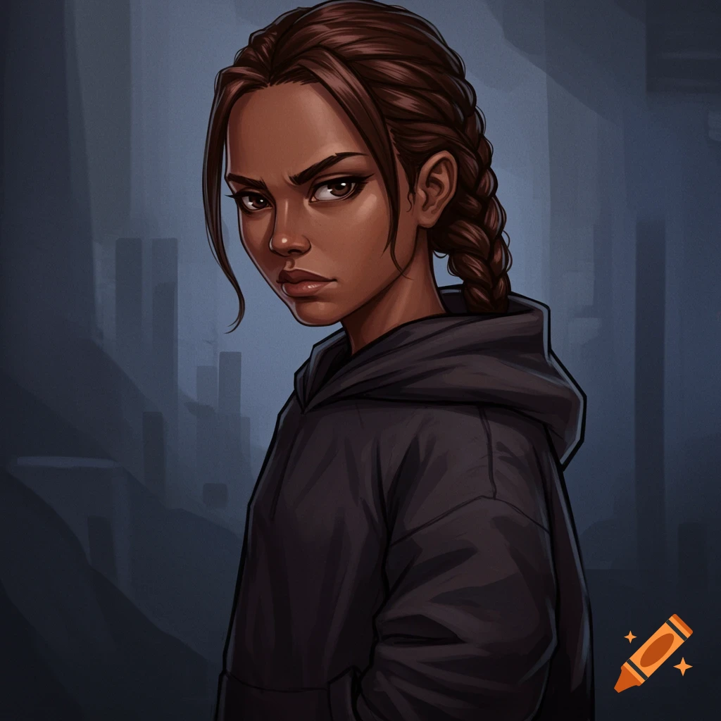 Stylized portrait of a person with dark skin, brown hair in braids, wearing a dark hoodie.