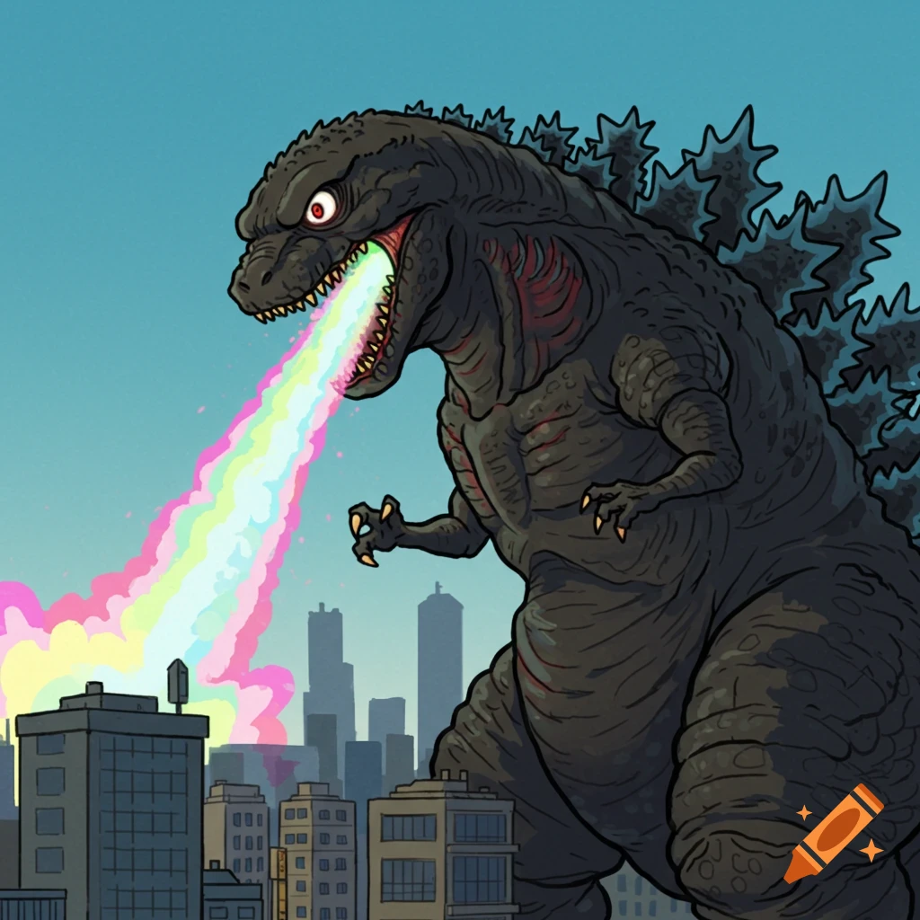 Cartoon drawing of Godzilla breathing a rainbow-colored beam over a city.