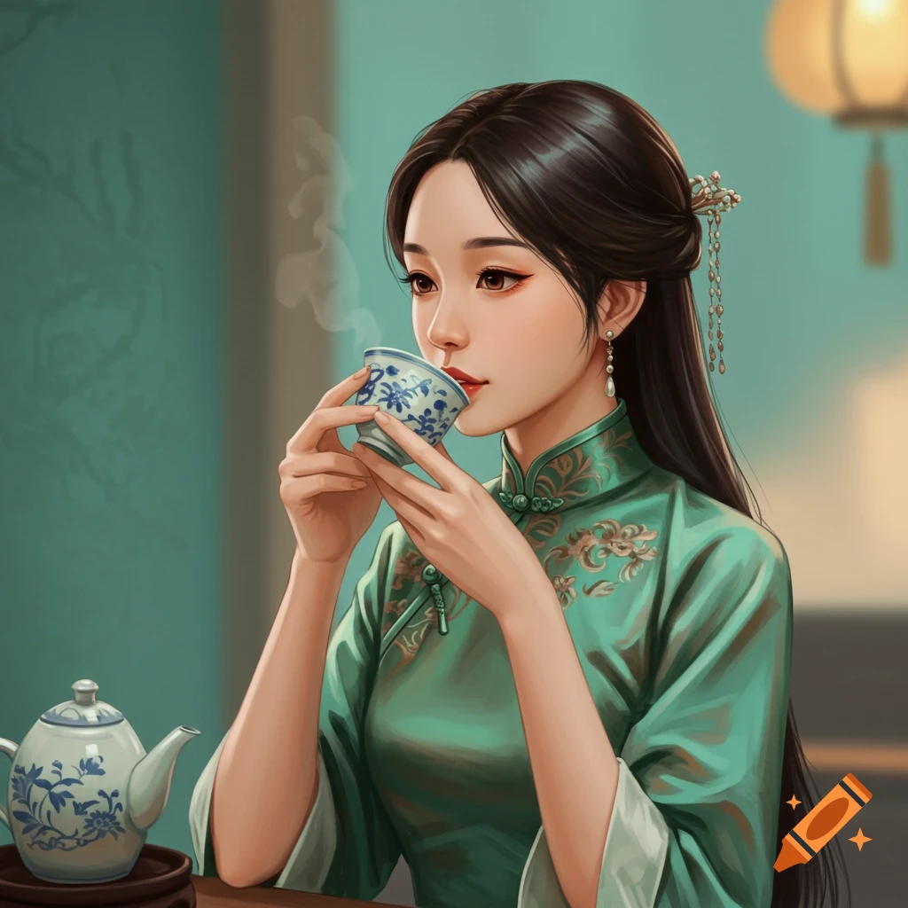 A woman in traditional clothing sips tea from a small cup.