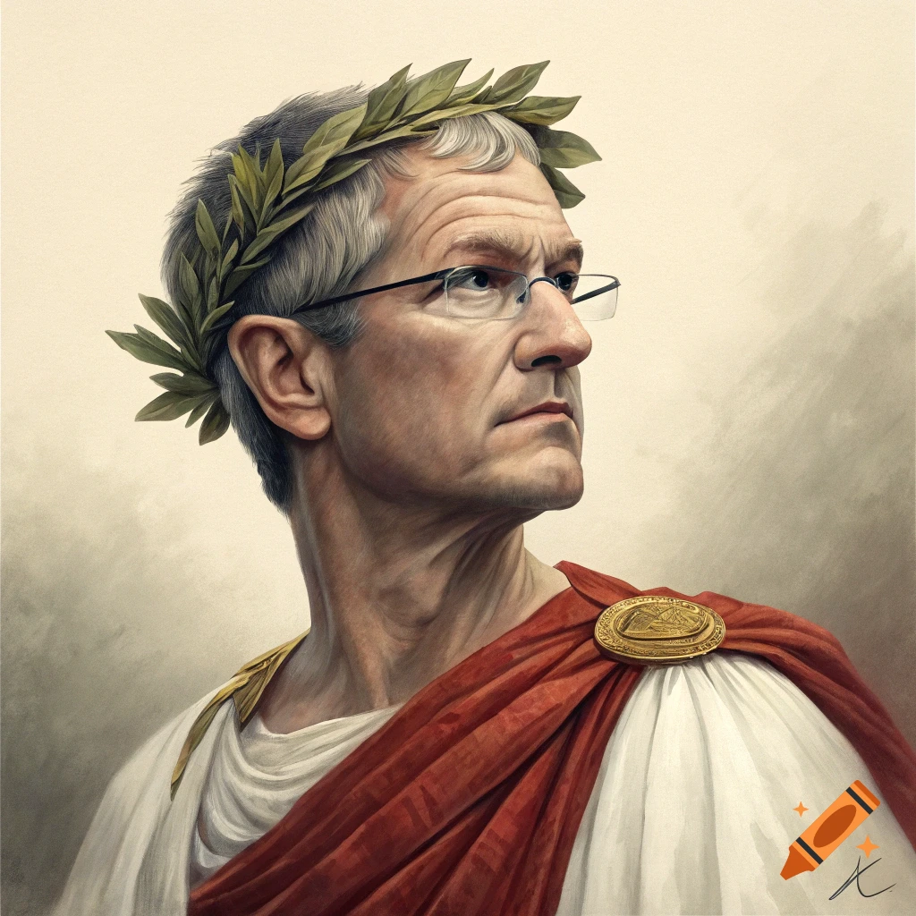 Portrait resembling Tim Cook dressed as Julius Caesar, wearing a laurel wreath and red toga.