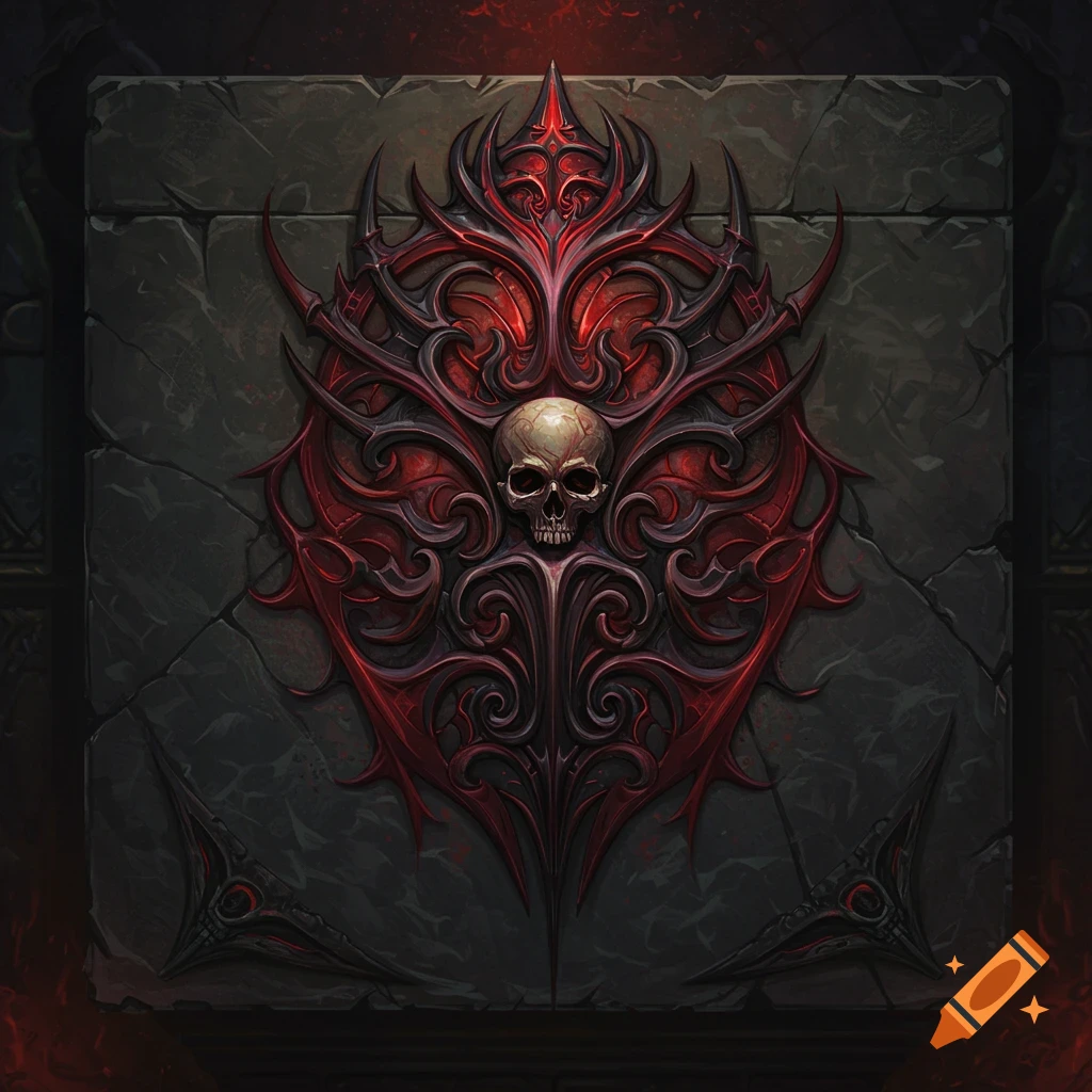 Dark fantasy symbol featuring a skull on a red spiky emblem carved into stone.