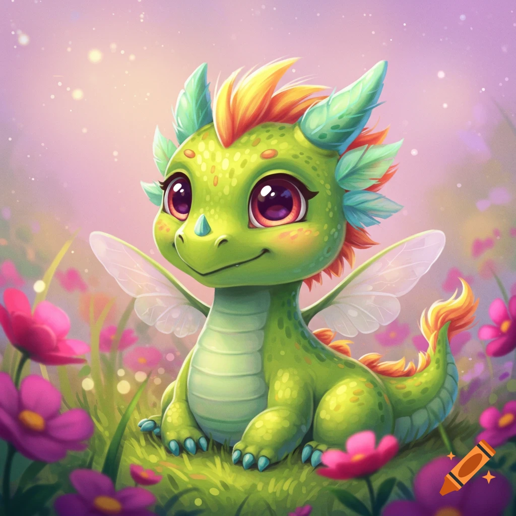 A cute green cartoon dragon with butterfly wings sits in a field of pink flowers.