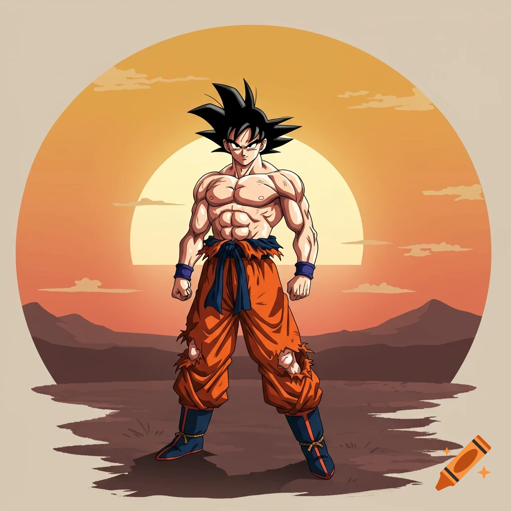 Goku from Dragon Ball stands before a sunset