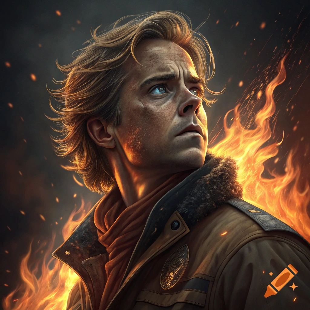 Dramatic portrait of a man with blond hair against a background of fire.