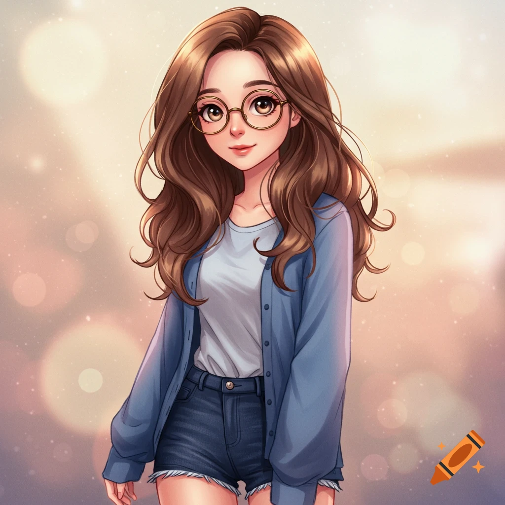 Anime girl with glasses and long brown hair wears a blue cardigan and denim shorts.