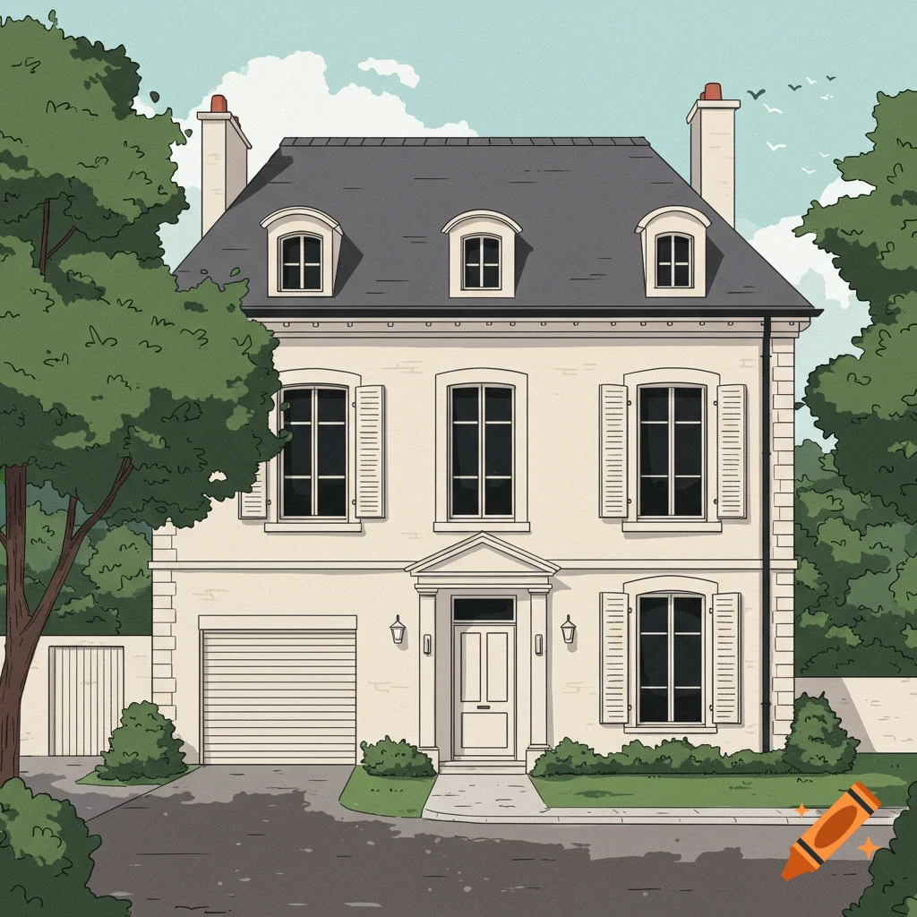 Illustration of a French-style house with white walls and dark grey roof