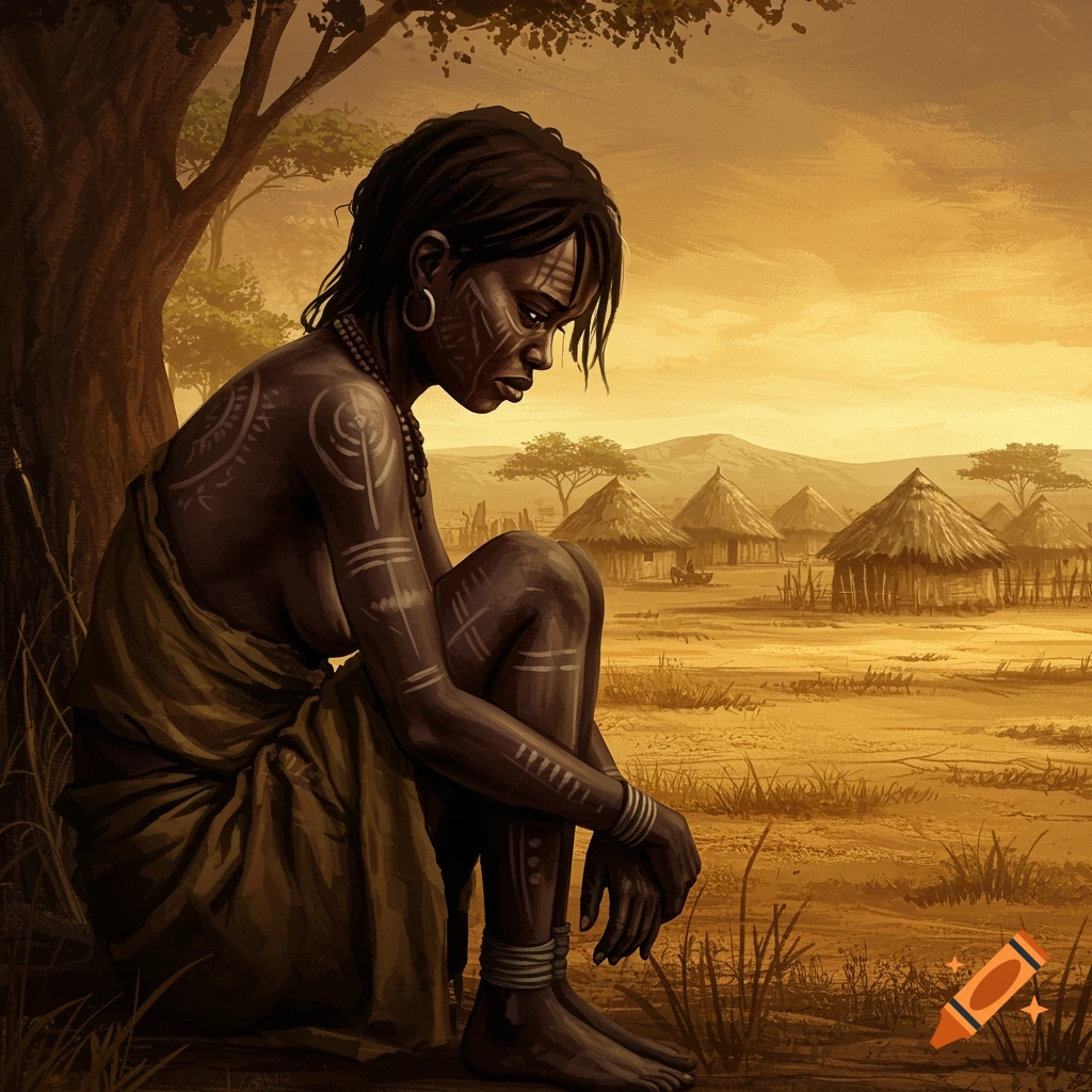 Illustration of a woman with tribal markings sitting under a tree in an African village at sunset.