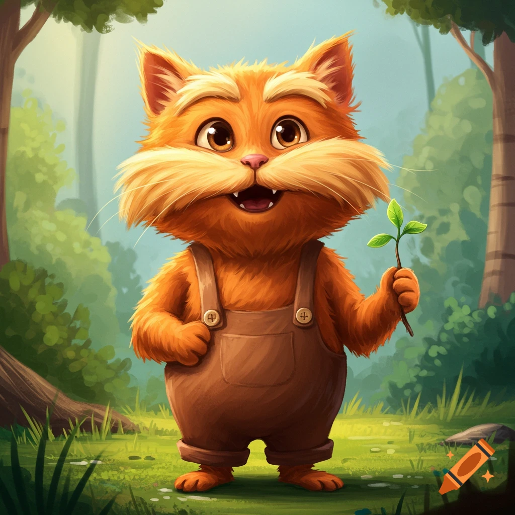 An orange furry anthropomorphic cat in overalls holding a small green plant stands in a forest.