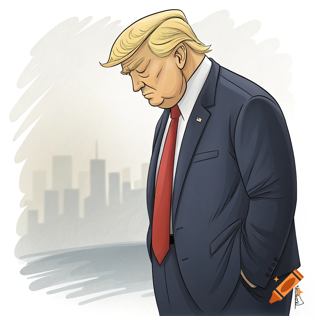 Illustration of Donald Trump looking down sadly in a suit.