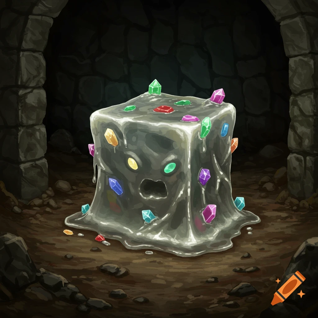 Cube-shaped grey ooze monster with colorful crystals in a dark stone cavern.