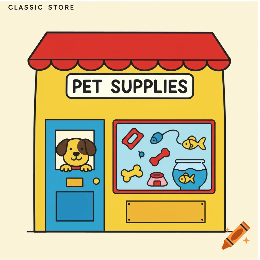 Clip art illustration of a pet supplies store with a dog in the window.