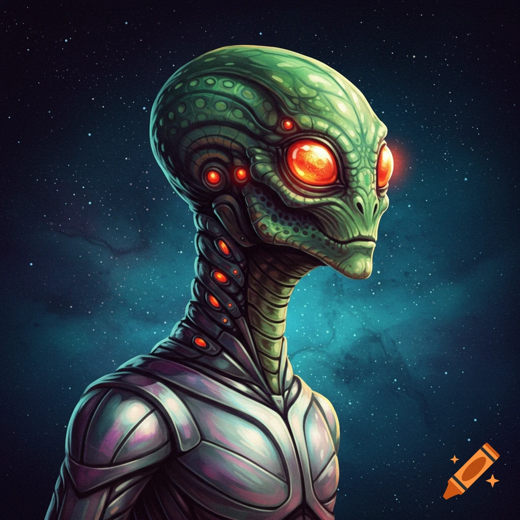 A detailed illustration of a green alien with glowing eyes and metallic armor against a starry space background.