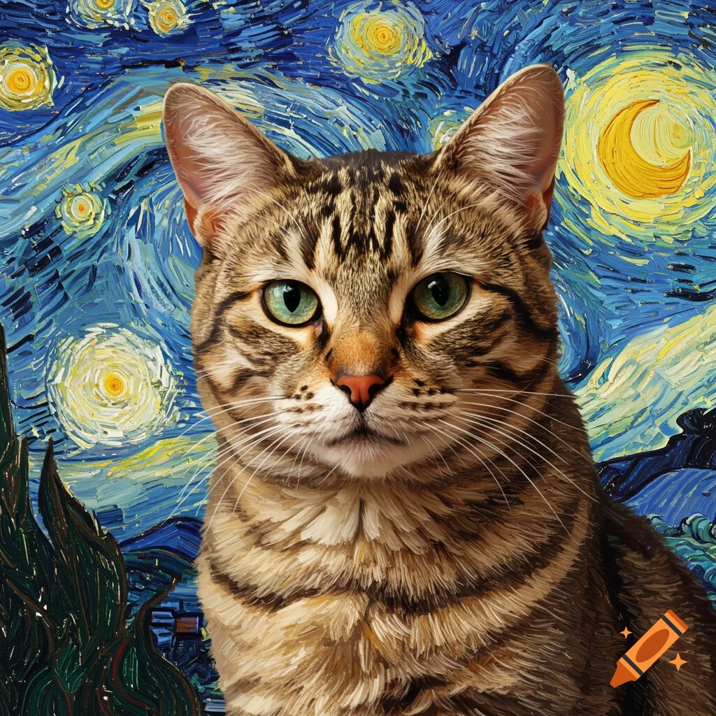 A tabby cat with green eyes against a Van Gogh Starry Night background.