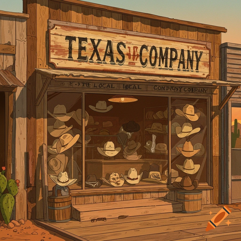 Cartoon illustration of a western hat shop with hats displayed in the window.