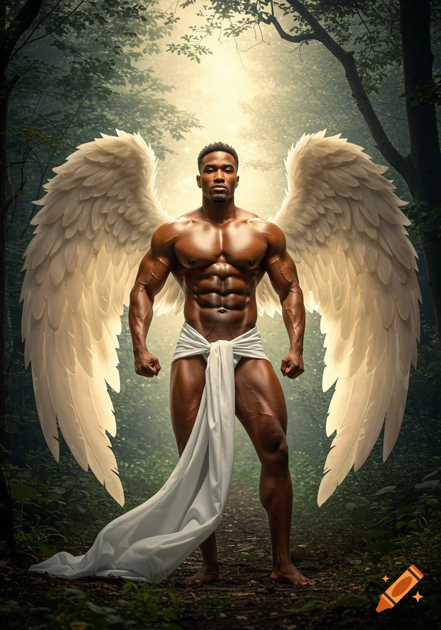 A muscular male angel with large wings stands in a softly lit forest clearing, wearing a white drape.