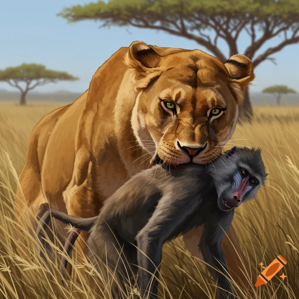 Illustration of a lioness holding a baboon in its mouth in a grassy savanna.