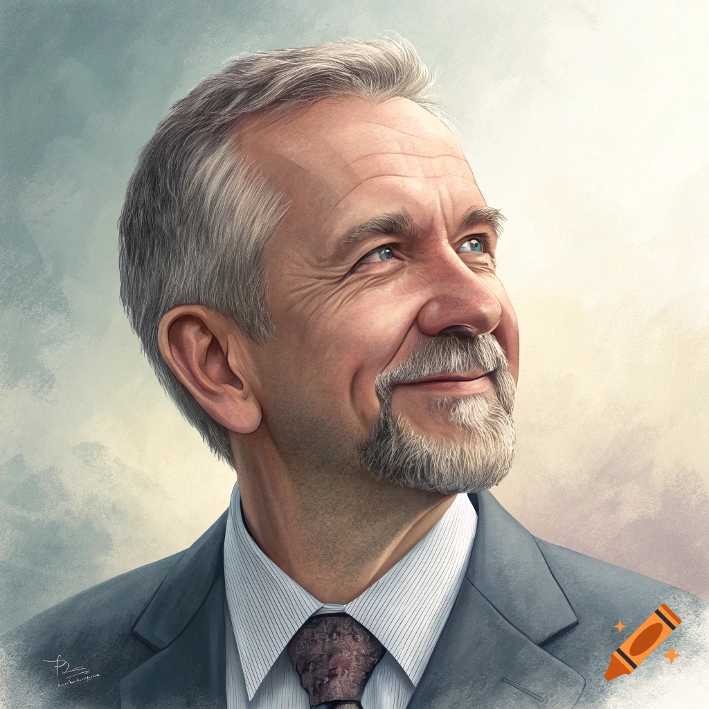 Close-up painterly portrait of a smiling man in a suit looking up.